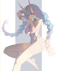 Rule 34 | 1girl, alice (s7nsles), blue eyes, blue hair, blush, breasts, closed mouth, gradient hair, highres, horns, large breasts, long hair, looking at viewer, multicolored hair, navel, original, s7nsles, simple background, solo, thighhighs, twintails