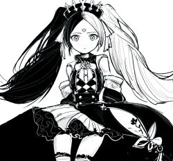 Rule 34 | 1girl, breasts, buttons, chaos dorloto (grimms notes), detached sleeves, doll joints, expressionless, facial mark, flower, forehead mark, grimms notes, hair ribbon, highres, joints, long hair, monochrome, multicolored hair, namo 42222, ribbon, rose, simple background, skirt, solo, thighhighs, twintails, white background, zettai ryouiki