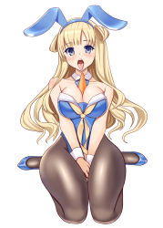 Rule 34 | 1girl, animal ears, arms between legs, between breasts, black pantyhose, blonde hair, blue bow, blue bowtie, blue eyes, blue footwear, blue leotard, bow, bowtie, breasts, carrot, detached collar, double bun, fake animal ears, fletcher (kancolle), full body, hair bun, high heels, highres, kantai collection, kusunoki toona, large breasts, leotard, long hair, looking at viewer, pantyhose, playboy bunny, rabbit ears, rabbit girl, rabbit tail, sexually suggestive, simple background, solo, tail, tongue, tongue out, v arms, white background, wrist cuffs