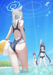 Rule 34 | 3girls, adjusting clothes, adjusting swimsuit, afe., animal ears, arm up, ass, ayane (blue archive), ayane (swimsuit) (blue archive), back cutout, ball, beach, beachball, bikini, black bikini, black hair, blue archive, blue halo, blue sky, clothing cutout, extra ears, glasses, grey hair, halo, highres, holding, holding ball, holding beachball, long hair, multiple girls, navel, ocean, one-piece swimsuit, pointy ears, ponytail, red eyes, red halo, serika (blue archive), serika (swimsuit) (blue archive), shiroko (blue archive), shiroko (swimsuit) (blue archive), short hair, sky, solo focus, swimsuit, twintails, very long hair, wading, water, wolf ears