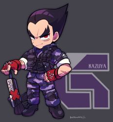 Rule 34 | 1boy, black eyes, black hair, camouflage, camouflage jacket, camouflage pants, character name, deformed, facial scar, fingerless gloves, full body, gloves, grey background, gun, hand on own hip, heterochromia, highres, jacket, kotorai, male focus, military, mishima kazuya, no nose, pants, red eyes, red gloves, scar, scar on cheek, scar on face, scar on hand, short hair, signature, solo, studded gloves, tekken, thick eyebrows, v-shaped eyebrows, weapon