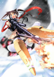 Rule 34 | 1girl, animal ears, anti-materiel rifle, black hair, casing ejection, cat ears, cat tail, coat, fang, firing, francesca lucchini, green eyes, gun, hajime monji, muzzle device, muzzle flash, neuroi, open mouth, pantyhose, rifle, scarf, shell casing, sniper rifle, solo, strike witches, striker unit, tail, twintails, weapon, world witches series