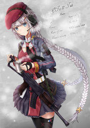 Rule 34 | 1girl, assault rifle, belt, beret, black gloves, black thighhighs, blue eyes, braid, breasts, buttons, character name, commentary request, cowboy shot, cup, double-breasted, fingerless gloves, girls&#039; frontline, gloves, grey background, gun, gun sling, hair ornament, hat, headset, highres, holding, holding cup, jacket, kalashnikov rifle, long hair, long sleeves, messy hair, mug, necktie, ots-12 (girls&#039; frontline), ots-12 tiss, pleated skirt, red hat, rifle, shumeia, silver hair, skirt, solo, star-shaped pupils, star (symbol), star hair ornament, steam, symbol-shaped pupils, thighhighs, twin braids, very long hair, weapon