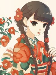 Rule 34 | 1girl, beige background, black hair, braid, camellia, camellia print, floral print, flower, green eyes, hair flower, hair ornament, highres, japanese clothes, kimono, long hair, mole, mole under mouth, multicolored nails, nail polish, original, red flower, red lips, red nails, simple background, solo, torimomu, upper body