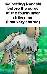 Rule 34 | 1other, :&lt;, ambiguous gender, bune poster, closed mouth, commentary, english commentary, english text, furry, green eyes, headpat, horizontal pupils, in-universe location, looking at viewer, made in abyss, medium hair, meme, nanachi (made in abyss), pov, tearing up, upper body, whiskers, white hair