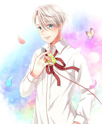 Rule 34 | 1boy, blue eyes, bug, butterfly, collared shirt, insect, jewelry, male focus, petals, ring, shirt, silver hair, smile, solo, string, string of fate, twc (p-towaco), viktor nikiforov, yuri!!! on ice
