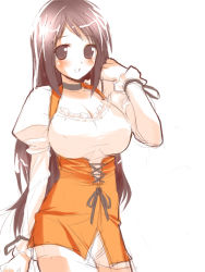 Rule 34 | 00s, 1girl, :o, arm up, blush, breasts, brown eyes, brown hair, choker, cleavage, collarbone, corset, final fantasy, final fantasy ix, framed breasts, garnet til alexandros xvii, hand in own hair, hima, large breasts, long hair, looking at viewer, open mouth, parted lips, simple background, solo, underbust, white background