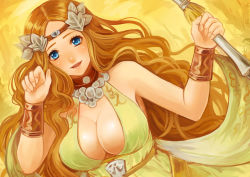 Rule 34 | 10s, 1girl, blue eyes, bracer, breasts, circlet, cleavage, collar, curly hair, dress, final fantasy, final fantasy xiv, hair ornament, large breasts, long hair, mozuyun, nophica, orange hair, paw pose, smile, solo, staff
