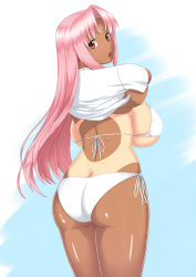 Rule 34 | 1girl, ass, back, backboob, bikini, blush, breasts, butt crack, clothes lift, from behind, highres, huge breasts, kinoko (mira2525), long hair, looking at viewer, looking back, one-piece tan, open mouth, original, pink hair, red eyes, shirt lift, side-tie bikini bottom, skindentation, solo, swimsuit, tan, tanline, very long hair, white bikini