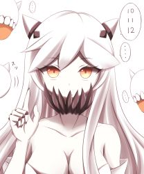 Rule 34 | ..., 10s, 1girl, abyssal ship, bad id, bad pixiv id, bare shoulders, black nails, breasts, cleavage, collarbone, covered mouth, covering own mouth, fingernails, highres, horns, kantai collection, kuroganeruto, large breasts, long fingernails, long hair, looking at viewer, midway princess, nail polish, off shoulder, pale skin, pointing, pointing up, red eyes, upper body, white background, white hair