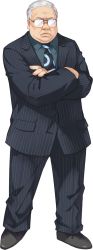 Rule 34 | 10s, 1boy, akudaijin, crossed arms, formal, frown, full body, glasses, grey hair, highres, kami jigen game neptune v, male focus, necktie, neptune (series), official art, old, old man, opaque glasses, pants, pinstripe pattern, pinstripe suit, short hair, solo, standing, striped, suit, transparent background, tsunako, white legwear