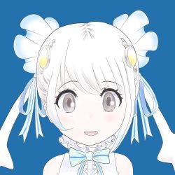 Rule 34 | 1girl, animal ears, april fools, bad id, bad twitter id, blue background, grey eyes, hair ornament, kemono friends, kemono friends v project, long hair, looking at viewer, neck ribbon, official art, open mouth, ribbon, shirt, simple background, skyfish (kemono friends), smile, solo, twintails, virtual youtuber, white hair
