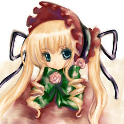 Rule 34 | 00s, 1girl, aqua eyes, blonde hair, bow, bowtie, colored eyelashes, eyebrows, flower, frilled hat, frills, hat, looking at viewer, no mouth, pink flower, pink rose, red hat, rose, rozen maiden, shinku, simple background, solo, togawa hanamaru, upper body, yellow background
