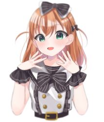 Rule 34 | 1girl, :d, aqua eyes, black bow, black wrist cuffs, blurry, blush, bow, commentary request, cropped torso, crossed bangs, depth of field, frilled cuffs, hair bow, hands up, highres, hinoshita kaho, link! like! love live!, looking at viewer, love live!, medium hair, mi0907 mi, open mouth, orange hair, shirt, simple background, smile, solo, two side up, upper body, virtual youtuber, white background, white shirt, wrist cuffs, yunokuni girls! (love live!)