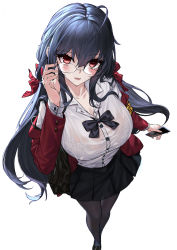 Rule 34 | 1girl, absurdres, adjusting eyewear, ahoge, armband, azur lane, black bow, black bowtie, black footwear, black hair, black pantyhose, black skirt, blush, bow, bowtie, bra, bra visible through clothes, breasts, cellphone, eyelashes, foot out of frame, from above, full body, glasses, hair ribbon, hand up, highres, holding, holding phone, huge ahoge, huge breasts, jacket, lace, lace bra, large breasts, loafers, long eyelashes, long hair, looking at viewer, looking up, loose bowtie, miniskirt, official alternate costume, open clothes, open jacket, pantyhose, parted lips, partially unbuttoned, perspective, phone, pleated skirt, red eyes, red jacket, red ribbon, ribbon, round eyewear, school uniform, see-through, see-through shirt, semi-rimless eyewear, shirt, shirt tucked in, shoes, sidelocks, simple background, skirt, smartphone, smile, solo, standing, taihou (azur lane), taihou (sweet time after school) (azur lane), taut clothes, taut shirt, touristdw, underwear, very long hair, white background, white shirt, yellow armband