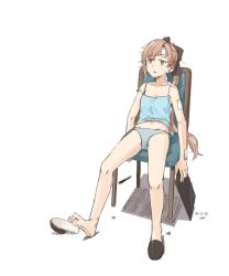 Rule 34 | 1girl, akigumo (kancolle), artist name, black ribbon, blouse, blue panties, blue shirt, brown hair, chair, cold pack, dated, drawing tablet, exhausted, full body, green eyes, hair ribbon, kantai collection, kawashina (momen silicon), long hair, panties, ponytail, ribbon, unworn sandal, sandals, shirt, simple background, sitting, sleeveless, slippers, unworn slippers, solo, stylus, underwear, white background