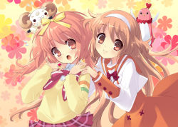 Rule 34 | 00s, 2girls, :3, :o, akihime sumomo, alice (alice parade), alice parade, antennae, bird, blush stickers, bow, bowtie, brown hair, crossover, emudori, flat chest, flower, flying, glasses, hair bow, hairband, hands on shoulders, heart, horns, ito noizi, jewelry, lamb, leaning forward, long hair, looking down, miori (alice parade), multiple girls, nanatsuiro drops, o o, object on head, official art, open mouth, pince-nez, pink eyes, pink hair, plaid, plaid skirt, ring, school uniform, serafuku, sheep, skirt, smile, striped, surprised, sweatdrop, sweater, twintails, very long hair, yuki-chan