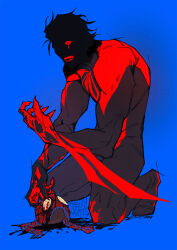 Rule 34 | 1boy, arm blade, artist name, bad end, black bodysuit, blood, blood on hands, blue background, bodysuit, crying, dithering, eyes in shadow, fangs, fingernails, full body, hat, highres, holding, holding clothes, holding hat, implied cannibalism, kneeling, knit hat, looking at viewer, male focus, marvel, mayday parker, messy hair, miguel o&#039;hara, one eye covered, open mouth, red bodysuit, red eyes, saliva, sharp fingernails, short hair, simple background, skin tight, solo, spider-man: across the spider-verse, spider-man (2099), spider-man (series), spider-verse, toboldlymuppet, two-tone bodysuit, unworn hat, unworn headwear, weapon