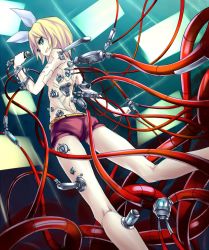 Rule 34 | 1girl, android, aqua eyes, bad id, bad pixiv id, blonde hair, cable, hair ribbon, joints, kagamine rin, kneepits, legs, looking back, microphone, ribbon, robot joints, short hair, short shorts, shorts, smile, solo, takabow, topless, vocaloid