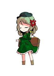 Rule 34 | 1girl, annoyed, brown footwear, card, closed eyes, closed mouth, dairi, green eyes, green hair, green hat, green sleeves, hand up, hat, long sleeves, short hair, simple background, solo, standing, touhou, transparent background, white background, yamashiro takane