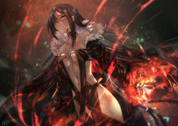 Rule 34 | 1girl, azomo, bare shoulders, black dress, black hair, blood, blood on face, breasts, brown hair, center opening, choker, closed mouth, collarbone, yu mei-ren (fate), dress, fate/grand order, fate (series), fire, fur trim, highres, hip focus, long hair, long sleeves, looking at viewer, medium breasts, navel, off shoulder, red eyes, solo, strapless, strapless dress, very long hair