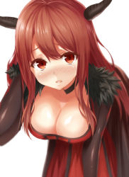 Rule 34 | 10s, 1girl, bad id, bad pixiv id, blush, breasts, brown eyes, brown hair, choker, cleavage, demon horns, dress, fur trim, heirou, horns, large breasts, long hair, looking at viewer, maou (maoyuu), maoyuu maou yuusha, open mouth, shiny skin, simple background, solo