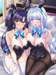 Rule 34 | 2girls, animal ears, black leotard, black pantyhose, blue archive, blue bow, blue bowtie, blue eyes, blush, bow, bowtie, breasts, cleavage, closed mouth, detached collar, fake animal ears, grey hair, halo, highres, indoors, large breasts, leotard, long hair, mechanical halo, multiple girls, noa (blue archive), open mouth, pantyhose, playboy bunny, purple eyes, purple hair, rabbit ears, shirokuma a, smile, strapless, strapless leotard, thighband pantyhose, thighhighs, two side up, white thighhighs, wrist cuffs, yuuka (blue archive)