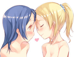 Rule 34 | 10s, 2girls, ayase eli, blonde hair, blue hair, blush, brown eyes, closed eyes, completely nude, face-to-face, forehead-to-forehead, hair down, heads together, heart, long hair, looking at another, love live!, love live! school idol project, mikage sekizai, multiple girls, nude, out-of-frame censoring, simple background, smile, sonoda umi, white background, yuri