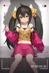 Rule 34 | 1girl, absurdres, animal print, battery indicator, black hair, black vest, highres, idolmaster, idolmaster cinderella girls, idolmaster cinderella girls u149, jacket, leopard print, long hair, looking at viewer, matoba risa, navel, open clothes, open jacket, parted lips, pink jacket, pink skirt, recording, sdhjjjd, simple background, sitting, skirt, solo, strap slip, tank top, teeth, timestamp, topknot, twintails, upper teeth only, v, vest, viewfinder, yellow eyes