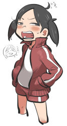 Rule 34 | 1girl, ahoge, black hair, blush, cropped legs, doodle inset, glaring, grey eyes, gym shirt, half-closed eyes, hands in pockets, highres, jacket, long sleeves, looking at viewer, nishikawa noriko, open clothes, open jacket, open mouth, partially colored, red jacket, red shorts, shirt, short shorts, short twintails, shorts, simple background, small sweatdrop, solo, standing, tirarizun, track jacket, translation request, twintails, urayasu tekkin kazoku, v-shaped eyebrows, white background, white shirt