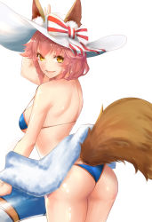 Rule 34 | 10s, 1girl, absurdres, animal ears, ass, bikini, blue bikini, blush, breasts, ears through headwear, fate/extra, fate/extra ccc, fate/grand order, fate (series), fox ears, fox tail, hat, highres, innertube, large breasts, long hair, looking at viewer, open mouth, pink hair, simple background, solo, swim ring, swimsuit, tail, tamamo (fate), tamamo no mae (fate/extra), tamamo no mae (swimsuit lancer) (fate), tamamo no mae (swimsuit lancer) (third ascension) (fate), white background, white hat, yellow eyes, zombcx