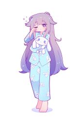 Rule 34 | 1girl, aya chan1221, barefoot, blue pajamas, blush, cinnamoroll, collared shirt, commentary, cowlick, english commentary, gradient hair, hair flaps, highres, holding, holding stuffed toy, hololive, hololive english, koseki bijou, long hair, long sleeves, multicolored hair, one eye closed, open mouth, pajamas, purple eyes, purple hair, rabbit pajamas, rubbing eyes, sanrio, shadow, shirt, sidelocks, simple background, sleepy, solo, stuffed animal, stuffed rabbit, stuffed toy, very long hair, virtual youtuber, white background