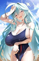 Rule 34 | 1girl, abydos high school swimsuit, ahoge, bandaid, bare arms, bare legs, bare shoulders, black one-piece swimsuit, blue archive, blush, breasts, cleavage, closed eyes, commentary, cowboy shot, day, green hair, groin, highres, huge ahoge, huge breasts, long hair, nidaime (doronbo), one-piece swimsuit, open mouth, outdoors, school swimsuit, solo, sweat, swimsuit, symbol-only commentary, yume (blue archive)