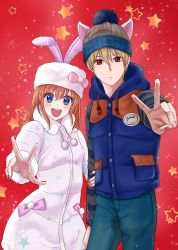 Rule 34 | 1boy, 1girl, :d, animal ears, blue eyes, blue pants, blush, bow, brown hair, coat, coupe (heartcatch precure!), fake animal ears, fur coat, gintama, hair between eyes, hat, hat bow, highres, hood, hood down, hooded sweater, kagura (gintama), kuroneko w1nter, long sleeves, looking at viewer, nail polish, okita sougo, open mouth, outstretched arm, pants, pink bow, rabbit ears, red background, red eyes, red nails, smile, star (symbol), starry background, striped sleeves, sweater, v, w, white coat, white hat, winter clothes, winter coat