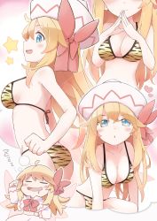 Rule 34 | 1girl, animal print, bare arms, bare legs, bare shoulders, bikini, blonde hair, blue eyes, blush, breasts, capelet, cleavage, collarbone, commission, dreaming, drooling, closed eyes, fairy, fairy wings, hair between eyes, hat, heart, highres, large breasts, lily white, long hair, long sleeves, mouth drool, multiple views, navel, open mouth, parted lips, shirt, skeb commission, skirt, smile, star (symbol), swimsuit, tiger print, touhou, white capelet, white headwear, white shirt, white skirt, wings, yellow bikini, yutamaro, zzz