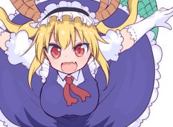 Rule 34 | 1girl, blonde hair, blue dress, breasts, collared dress, cool-kyou shinja, dragon girl, dragon horns, dragon tail, dress, elbow gloves, fang, gloves, horns, kobayashi-san chi no maidragon, large breasts, large tail, long hair, looking at viewer, maid headdress, neck ribbon, open mouth, outstretched arms, puffy short sleeves, puffy sleeves, red eyes, red ribbon, ribbon, short sleeves, simple background, slit pupils, smile, solo, tail, tohru (maidragon), tongue, white background, white gloves