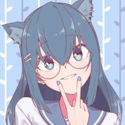 Rule 34 | 1girl, alternate costume, animal ear fluff, animal ears, bespectacled, blue eyes, blue hair, blue nails, cat ears, chinese commentary, glasses, head tilt, hololive, hololive china, ling yu xiao, nail polish, rosalyn (hololive), round eyewear, sailor collar, school uniform, serafuku, smile, solo, upper body, virtual youtuber