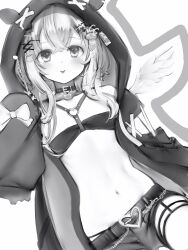 Rule 34 | 1girl, :p, absurdres, amane kanata, amane kanata (punk rock), angel wings, belt, belt collar, breasts, buckle, collar, dot nose, flat chest, greyscale, hair between eyes, hair ornament, hairclip, heart, heart-shaped buckle, heart o-ring, highres, hololive, hood, hood up, looking at viewer, monochrome, nanashi (nlo), navel, simple background, small breasts, smile, solo, stomach, tongue, tongue out, virtual youtuber, wings, x hair ornament