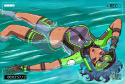 Rule 34 | 1girl, artist name, asymmetrical hair, breasts, clothes writing, commentary, dark-skinned female, dark skin, eyeshadow, female focus, floating, floating hair, gloves, goggles, hand on goggles, iury padilha, long hair, looking at viewer, lying, makeup, medium breasts, midriff, mole, mole under eye, multicolored hair, navel, official alternate costume, on back, overwatch, overwatch 1, parted lips, partially submerged, purple eyes, purple hair, purple lips, rash guard, recording, short sleeves, snorkel, solo, sombra (overwatch), two-tone hair, viewfinder, water