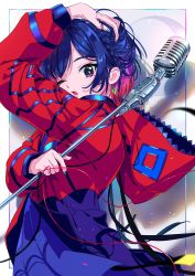 Rule 34 | 1girl, absurdres, blue hair, braid, colored inner hair, earrings, green nails, highres, holding, holding microphone, hood, hood down, hooded jacket, jacket, jewelry, kamitsubaki studio, kisumi rei, looking at viewer, microphone, microphone wand, multicolored eyes, multicolored hair, nail polish, one eye closed, open mouth, red hair, red jacket, rim (kamitsubaki studio), short hair, side braid, solo, string, string around finger, string of fate, two-tone hair, upper body, vintage microphone, virtual youtuber