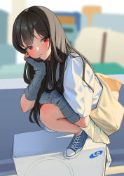 Rule 34 | 1girl, :3, absurdres, arm warmers, baggy clothes, black hair, blue footwear, blush, closed mouth, dong ji, from side, full body, hand on own cheek, hand on own face, highres, long hair, looking at viewer, miniskirt, original, outdoors, product placement, red eyes, rooftop, shirt, shoes, skirt, smile, sneakers, socks, solo, squatting, standing on box, swept bangs, white shirt