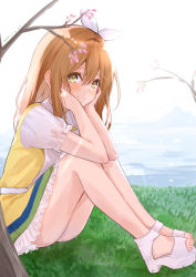 Rule 34 | 1girl, absurdres, artist name, artist request, bare legs, bare shoulders, blush, bow, branch, breasts, brown eyes, brown hair, collared dress, dress, elbow on knee, female focus, frilled skirt, frills, full body, goodnight everyone!, goodnight everyone (love live!), grass, hair between eyes, hair bow, hand on own cheek, hand on own face, highres, kunikida hanamaru, light brown hair, long hair, looking at viewer, love live!, love live! school idol festival, love live! sunshine!!, miniskirt, mountain, ocean, on grass, oyasumina-san!, oyasumina-san (love live!), parted lips, plaid, plaid dress, plaid skirt, pleated, pleated dress, pleated skirt, puffy short sleeves, puffy sleeves, shoes, short sleeves, sitting, skirt, smile, solo, tree, white bow, white footwear, wing collar, yellow dress, yellow eyes, yellow skirt