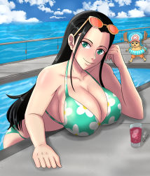 Rule 34 | 1boy, 1girl, absurdres, age difference, bikini, breasts, cleavage, highres, huge breasts, large breasts, nico robin, one piece, outdoors, smile, swimsuit, tony tony chopper