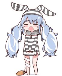 Rule 34 | 1girl, animal ears, bare legs, bare shoulders, black hat, black shirt, blue hair, blush, bottomless, bound, bound wrists, braid, breasts, carrot, chain, closed eyes, collar, crying, cuffs, don-chan (usada pekora), handcuffs, hat, highres, hikimayu, hololive, long hair, multicolored hair, official alternate costume, open mouth, prison clothes, purin a la mode (popup), rabbit ears, rabbit girl, safety pin, shirt, short eyebrows, simple background, small breasts, solo, streaked hair, striped clothes, striped headwear, striped shirt, swept bangs, tearing up, tears, thick eyebrows, twin braids, twintails, usada pekora, usada pekora (prisoner), virtual youtuber, white background, white hair, white hat, white shirt