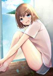 Rule 34 | 1girl, :d, bad id, bad pixiv id, bare legs, barefoot, black shorts, blue eyes, blue sky, blush, brown hair, cloud, cloudy sky, commentary request, day, fang, hair between eyes, highres, indoors, looking at viewer, looking to the side, minami saki, open mouth, original, shirt, short shorts, short sleeves, shorts, sitting, sky, smile, solo, thighs, water, white shirt, wide sleeves