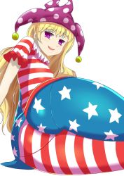 Rule 34 | 1girl, :d, american flag dress, american flag legwear, ass, bad id, bad pixiv id, blonde hair, blush, clownpiece, hat, hifumiyo, jester cap, long hair, looking at viewer, naughty face, open mouth, pantyhose, pantylines, purple eyes, smile, smug, solo, striped clothes, striped pantyhose, thighs, touhou, very long hair, wavy hair