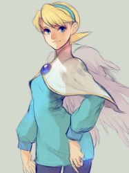 Rule 34 | 1girl, angel wings, artist request, blonde hair, blue eyes, breasts, breath of fire, breath of fire iv, brooch, closed mouth, dress, hairband, highres, jewelry, looking at viewer, nina (breath of fire iv), pantyhose, short hair, simple background, solo, very short hair, white wings, wings