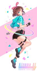 Rule 34 | 1girl, ;), absurdres, artist name, black gloves, black shorts, black socks, blue eyes, blue jacket, brown hair, character name, fingerless gloves, full body, gloves, hairband, highres, hood, hooded jacket, jacket, kizuna ai, kizuna ai (a.i. games), kizuna ai inc., looking at viewer, looking back, one eye closed, open clothes, open jacket, outstretched arm, pink hairband, shirt, short hair, short shorts, short sleeves, shorts, smile, socks, solo, thigh strap, virtual youtuber, white shirt, zetto531