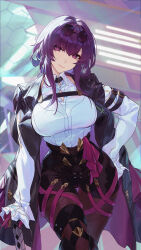 Rule 34 | 1girl, absurdres, black jacket, blush, boots, breasts, butterfly ornament, eyewear on head, gloves, high-waist shorts, highres, honkai: star rail, honkai (series), jacket, jewelry, kafka (honkai: star rail), large breasts, long hair, long jacket, long sleeves, looking at viewer, pantyhose, pantyhose under shorts, pink gloves, purple eyes, purple gloves, purple hair, purple pantyhose, r1zen, round eyewear, shirt, shorts, single-shoulder shirt, single thigh boot, smile, solo, spider web print, sunglasses, thigh boots, white shirt