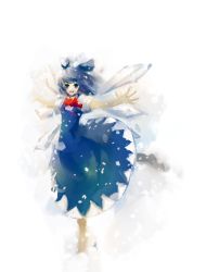 Rule 34 | 1girl, archlich, bad id, bad pixiv id, blue eyes, blue hair, bow, cirno, dress, female focus, gradient background, highres, matching hair/eyes, perfect cherry blossom, short hair, simple background, smile, solo, standing, touhou, white background, wings